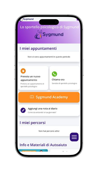 La app Sygmund: prenotazione seduta, Chiama Ora e Academy